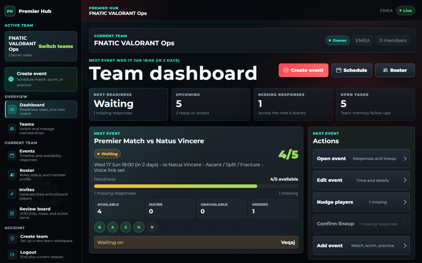 Scrimmy dashboard preview showing next event readiness, upcoming events, and tasks.